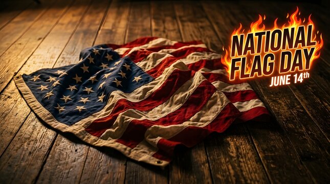 Tattered American flag on wooden floor with National Flag Day text