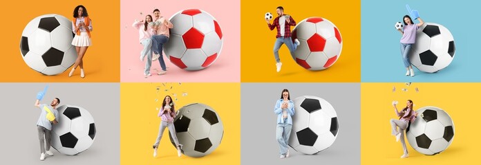 Fototapeta premium Collage of people with money and big soccer balls on color background. Sports bet concept