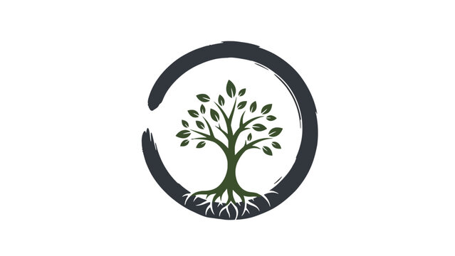 A stylized green tree with visible roots is enclosed within a dark, incomplete circle, symbolizing nature and growth.