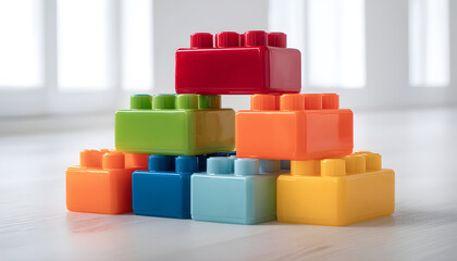 Obraz premium Colorful Plastic Building Blocks Stacked on a White Floor