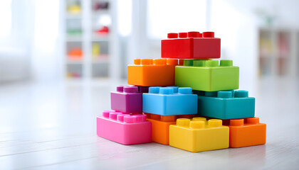 Obraz premium Colorful Plastic Building Blocks Stacked on a White Floor
