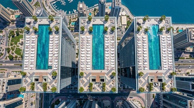 Aerial top down view of luxury rooftop swimming pools on modern skyscrapers in Dubai Marina with palm trees and lounge chairs.