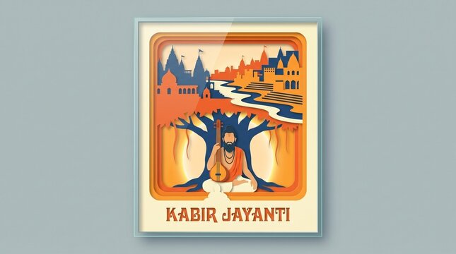 Elegant paper cut style framed poster for Kabir Jayanti, featuring Sant Kabir Das with a tanpura under a banyan tree with Varanasi ghats background, generative AI