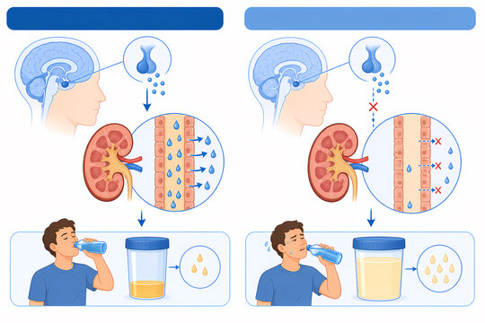 Diabetes insipidus ADH kidney mechanism illustration