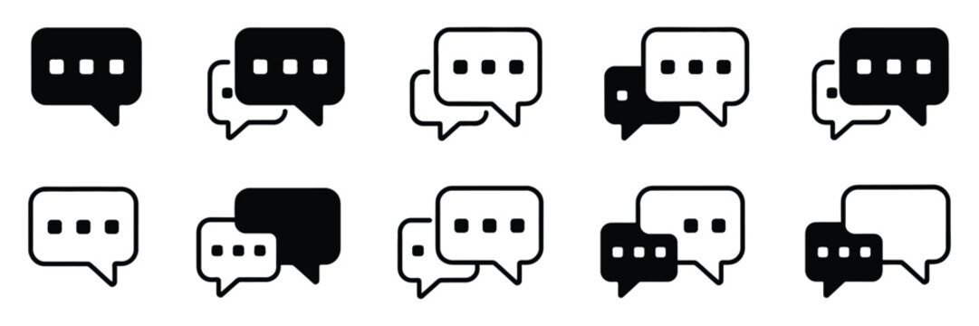 Chat and talk icon collection featuring speech bubbles, messaging and conversation symbols, modern communication interface illustration