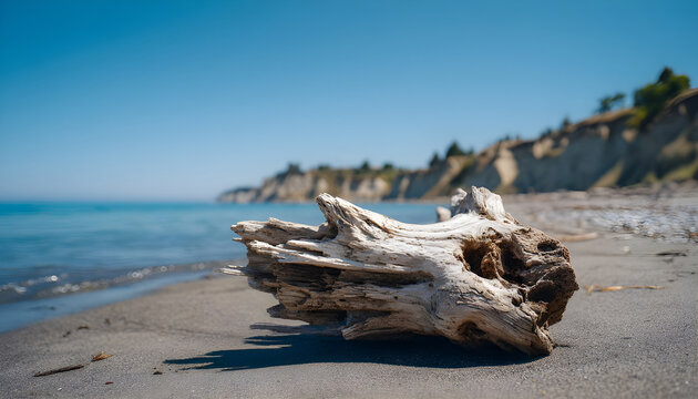 A piece of driftwood sits on the surface of a sunny beach, awaiting its fate