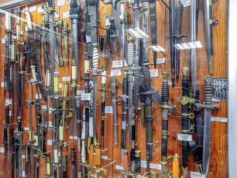 A detailed collection of daggers and naval dirks is presented in the Museum of Weapons History in Zaporizhzhia. Various military and ceremonial short blades. Zaporizhzhia, Ukraine - June 24, 2017