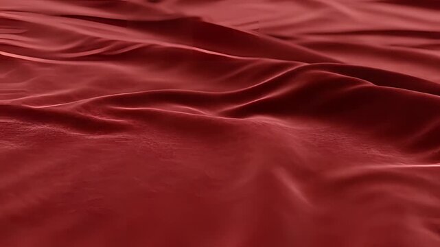 Closeup of flowing deep red velvet fabric texture with soft folds.