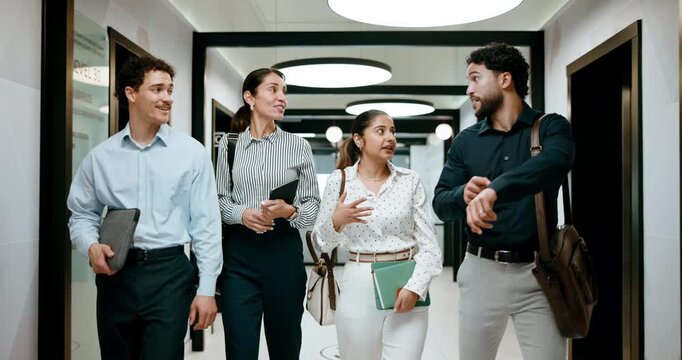 Walking, business people and office with chat for management, planning and consultation agency. Conversation, wave and manager with staff collaboration, project debrief or teamwork in workplace
