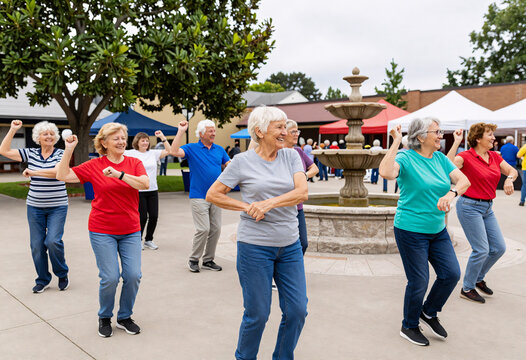 Senior citizens dancing flash mob in town square