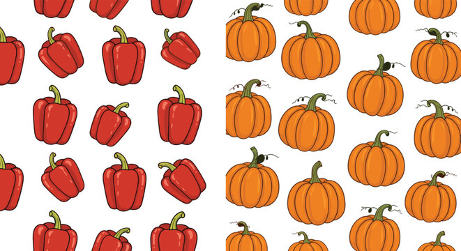 Seamless Pattern Vector Set of Red Bell Peppers and Orange Pumpkins for Autumn Harvest Grocery Wrapping Paper and Textile Designs