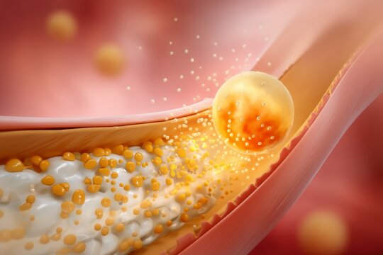 Cholesterol accumulating in a blood vessel, forming plaque and narrowing the artery