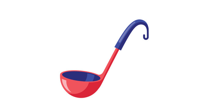 Red kitchen soup ladle featuring a curved blue handle is presented as a simple graphic icon on a white background.