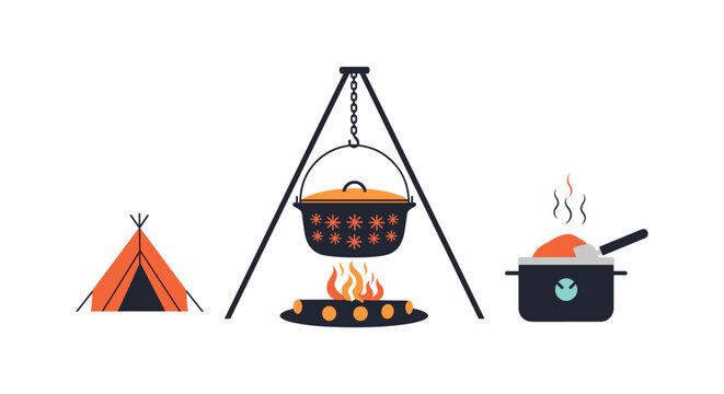 Classic camping scene features a small orange tent, a roaring campfire, and a pot cooking over flames for a rustic outdoor experience.