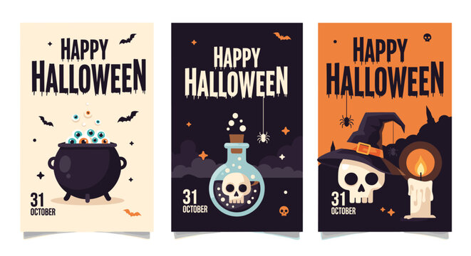 Collection of halloween posters features a bubbling cauldron, a magic potion, and a spooky skull with a candle for holiday decorations.
