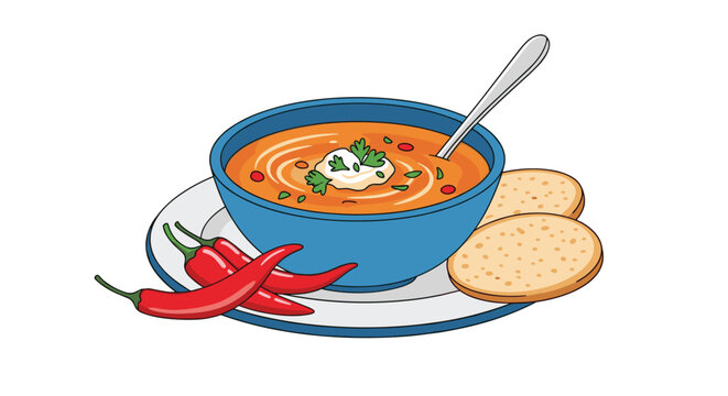 Spicy homemade tomato soup in a blue ceramic bowl served with red chili peppers and round crackers on a plate.