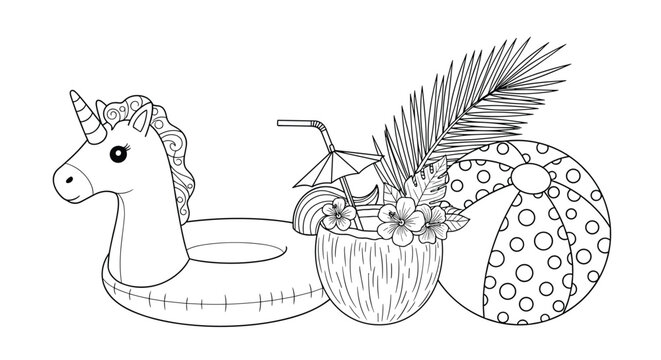 Tropical vacation scene line art features a unicorn pool float, a coconut cocktail with an umbrella, a palm leaf, and a polka dot beach ball.