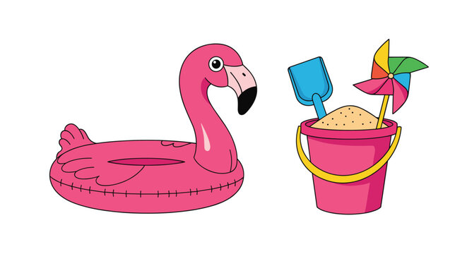 Summer vacation beach toys set including a pink flamingo pool float and a sand bucket with various accessories.