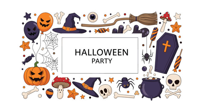 Festive Halloween party invitation frame is decorated with spooky icons like pumpkins, skulls, bats, and witch hats.