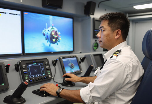 ROV Pilot Operating Unmanned Submarine