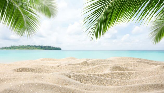 Golden sandy tropical beach with clear turquoise ocean and palm leaves framing a distant island.