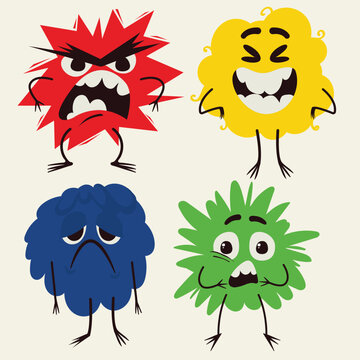 Cute colorful emotion monster mascot set showing happy angry sad and scared feelings vector characters isolated on white background