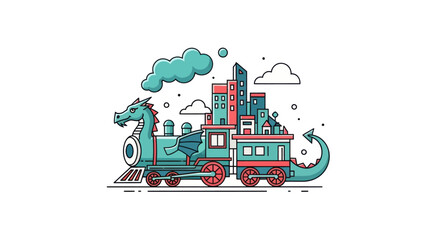 Dragon train transporting city buildings © Riski