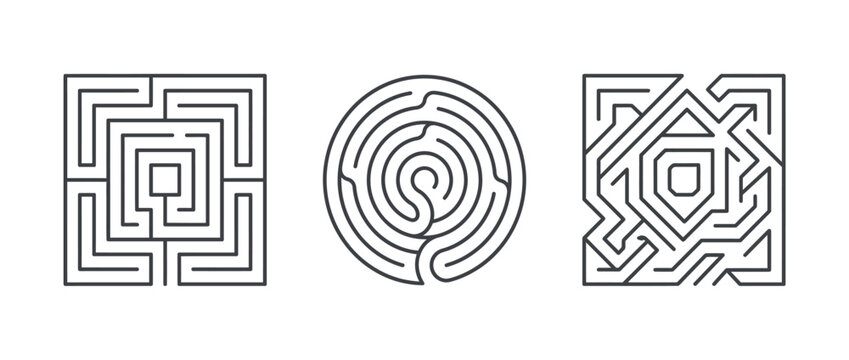Three vector mazes in different shapes square circle and square pattern