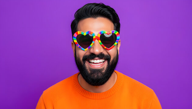 Smiling bearded man wearing colorful heart-shaped rainbow sunglasses and an orange sweater against a vibrant purple background. Bright, cheerful studio portrait representing self-expression, diversity