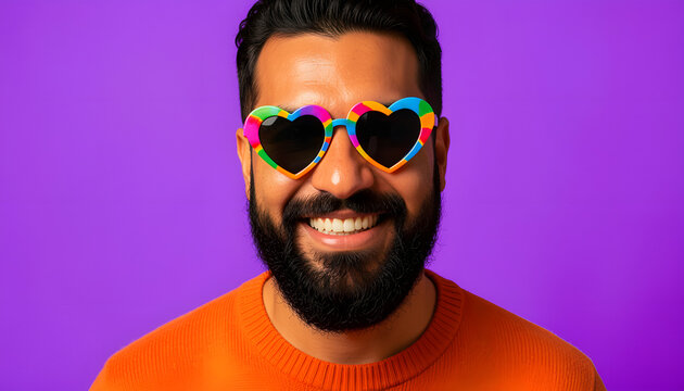 Smiling bearded man wearing colorful heart-shaped rainbow sunglasses and an orange sweater against a vibrant purple background. Bright, cheerful studio portrait representing self-expression, diversity