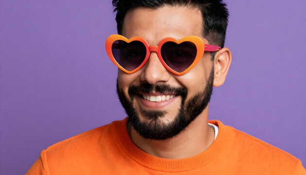 Smiling bearded man wearing colorful heart-shaped rainbow sunglasses and an orange sweater against a vibrant purple background. Bright, cheerful studio portrait representing self-expression, diversity