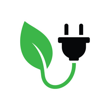 Green energy icon showing electric plug connected to leaf represent eco friendly power source and sustainable environmental technology solutions for clean future in minimalist vector design.