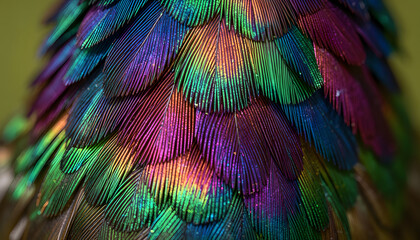 Fototapeta premium Extreme macro close-up of iridescent hummingbird feathers displaying brilliant metallic colors and intricate natural texture. Abstract wildlife background featuring shimmering green, purple, blue, and