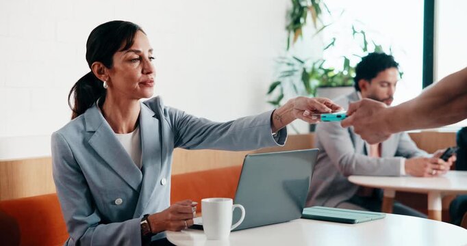 Woman, credit card and pos with remote work at coffee shop with laptop, smile and paperless transaction. Person, computer and freelance job with tap, easy payment and fintech with drink at cafe