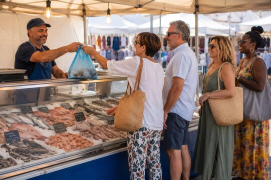 Vendor selling fresh seafood to diverse customers at market