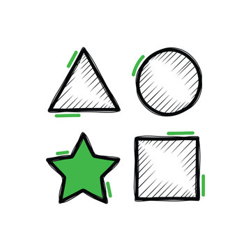 Set of basic geometric shapes including triangle, circle, star, and square, with green accents in hand drawn doodle style on white background.