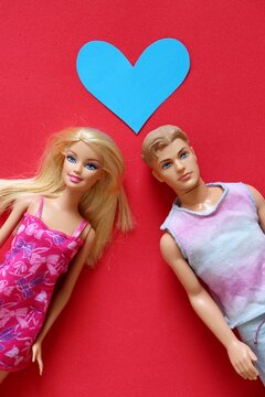 Salvador, Brazil - May 28, 2026: Barbie doll and Ken doll displayed together with a blue heart. Romance, Valentine's Day, and modern love. Barbie and Ken.