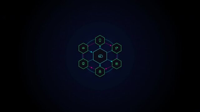 Futuristic digital network motion showcasing interconnected hexagons and nodes in a high-tech glowing blue design for technology and science themes.