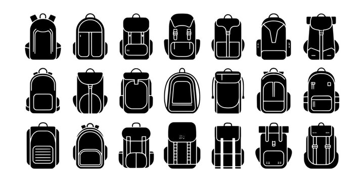Backpacks set with various designs and styles for travel and school use featuring hiking, outdoor, adventure with black and white elements for