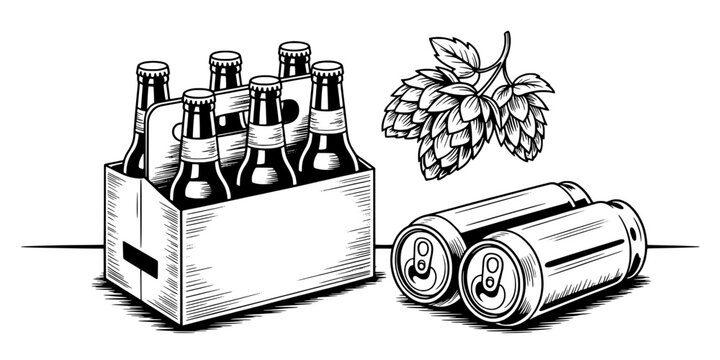 Beer bottle crate with hop leaves and stacked cans, vintage engraved style for brewery packaging and alcohol branding