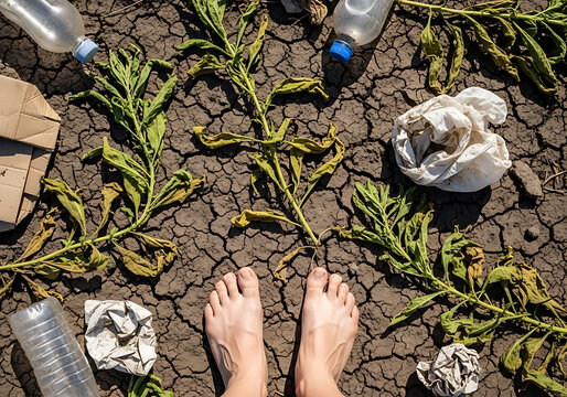 Bare feet stand on parched, cracked earth surrounded by withered plants and plastic waste under a bright sun.