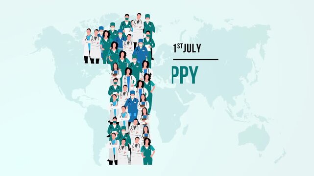 Happy doctors day. A large group of doctors form to create the number 1 as doctors day is celebrated on the 1st of July. world map background. 4K Video Animation.