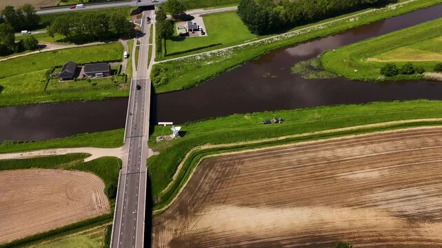 Aerial rotating shot of a dutch polder landscape