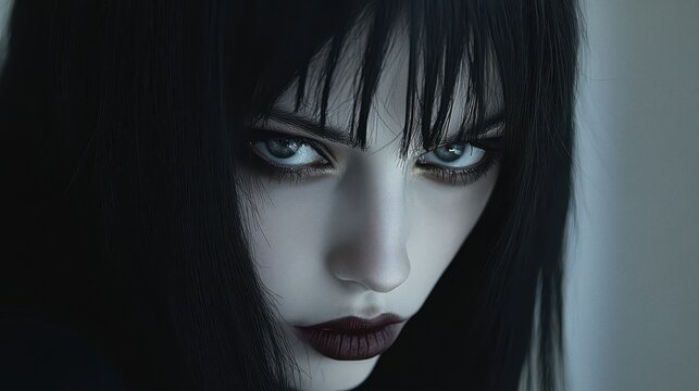 Close-up portrait of a woman with dark makeup and intense blue eyes, dramatic lighting, gothic style
