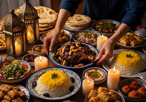 A lavish Middle Eastern or North African feast laid out on a table with various dishes, candles, and decorative lanterns, being served by hands.