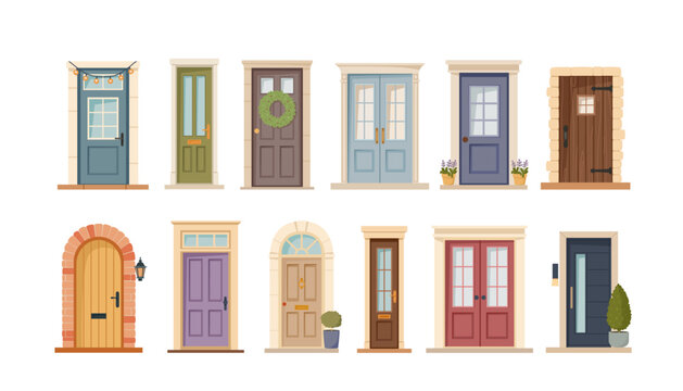 A set of residential entrance doors. Exterior doorways with decorative elements and a mailbox. Various street entrances. Flat vector illustrations isolated on a white background. Facade element concep
