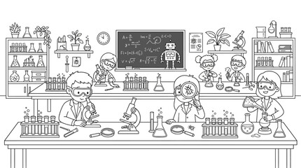 Obraz premium Group of students conducting science experiments in a laboratory classroom.