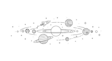 Hand drawn sketch of a solar system with planets and a rocket. © Syakira_Muhtar