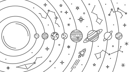 Line art illustration of the solar system with planets and constellations. © Syakira_Muhtar
