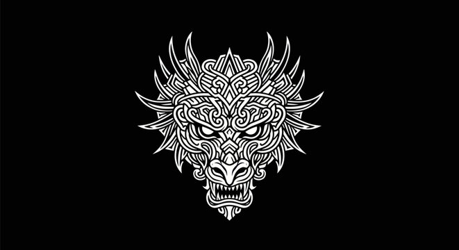 Intricate dragon head illustration on black